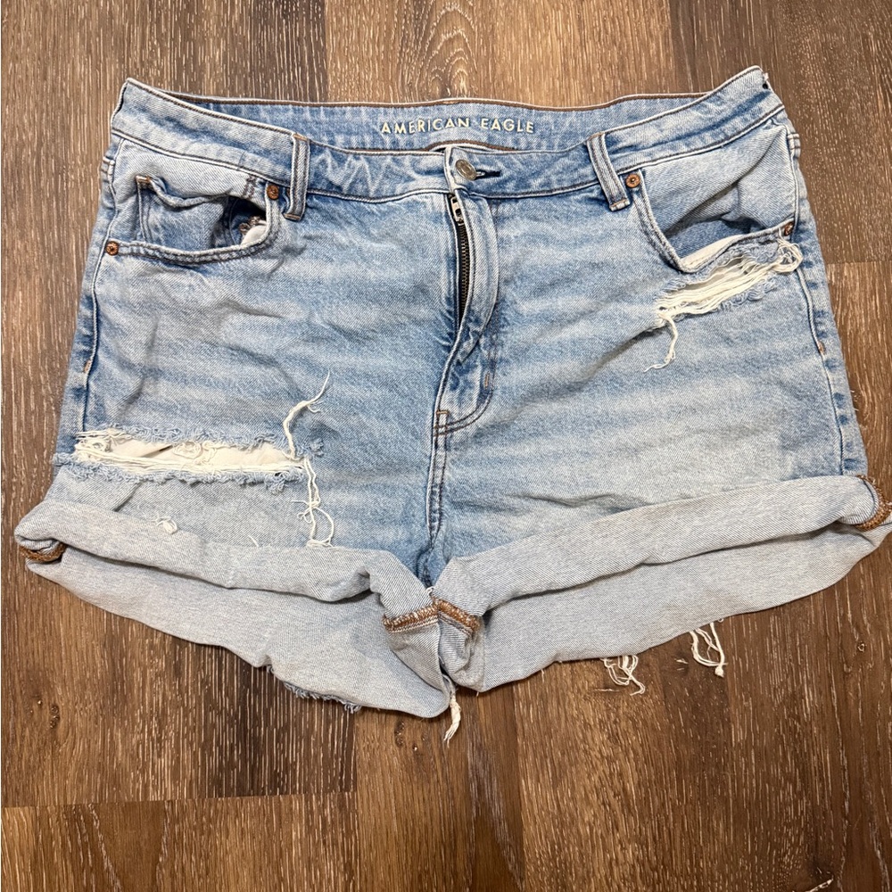 American Eagle Light Wash Distressed Rolled-Hem Denim Shorts